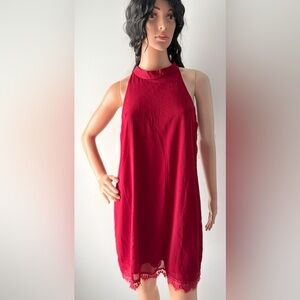 Fantaist Patchwork Lace Halter Neck Shift Sleeveless Mini Casual Dress Burgundy